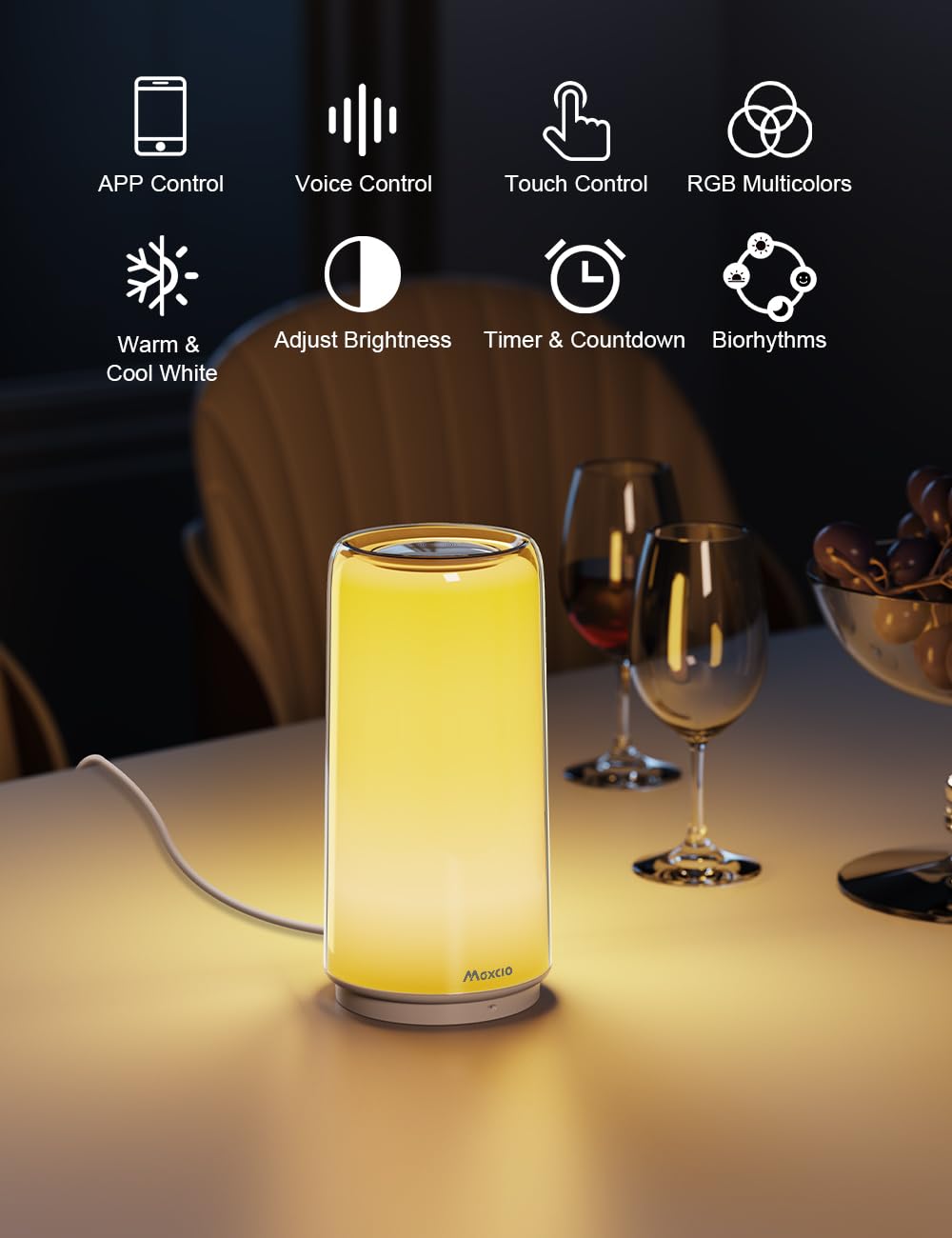 Maxcio Lampada da Comodino Smart, Compatibile con Alexa e Google Home, Lampada da Tavolo dimmerabile, Luce Notturna a LED con Controllo Timer e APP Controllo, RGBCCT Adatto per Camera da Letto