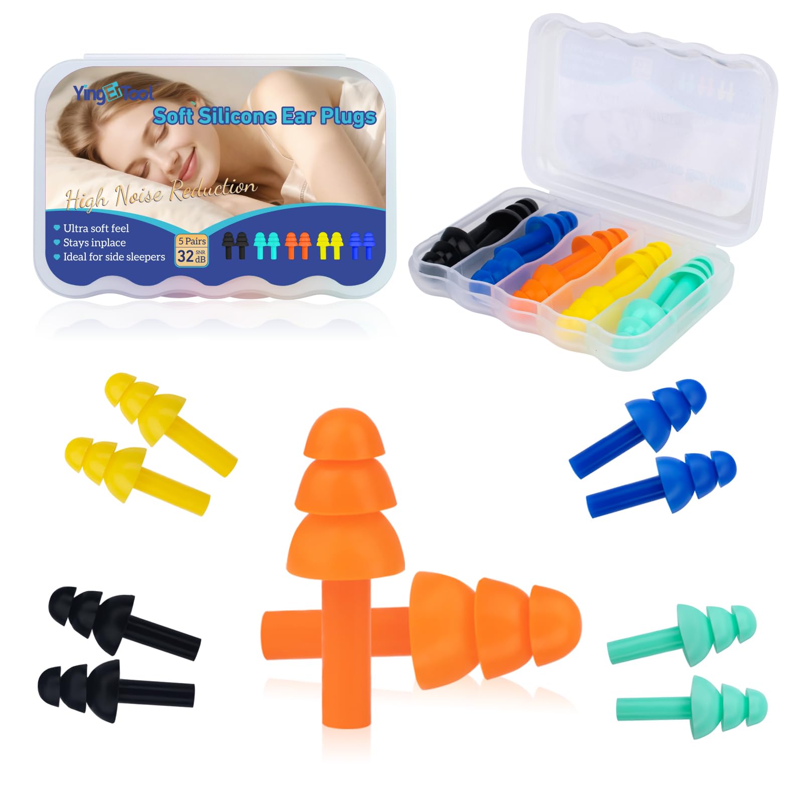 Silicone Ear Plugs for Sleeping, 5 Pairs Noise Canceling Soft Reusable Earplugs Waterproof...