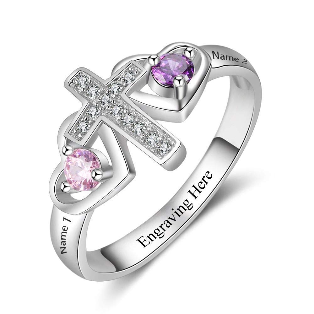 FenFang Gifts for Mom Personalized Cross Rings for Women with 2 Birthstone Mothers Day Gifts Custom Mom Rings with 2 Names Mothers Cross Name Rings Promise Rings for Her