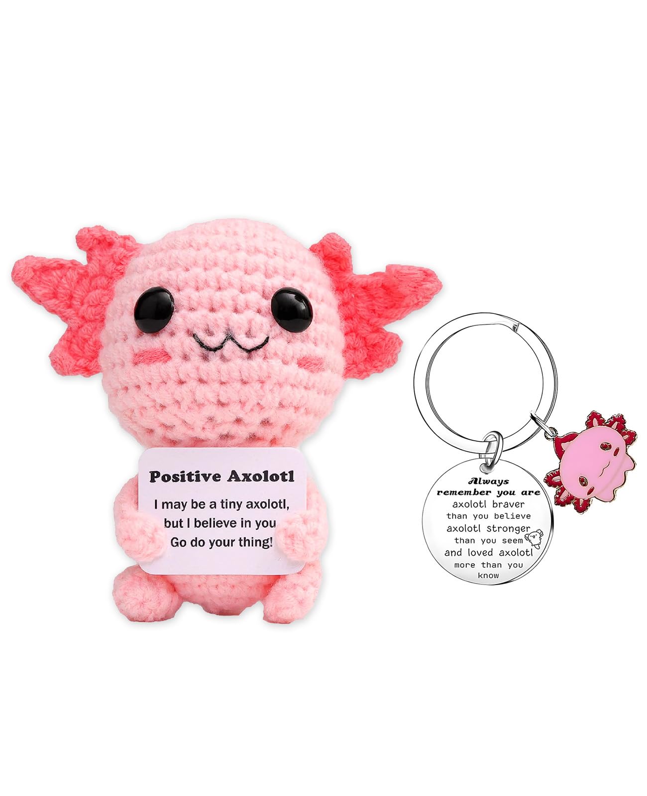 Rudfovn 2 Pcs Positive Axolotl with Keychain, Pink Cute Funny Handmade Crochet Doll Emotional Support Gifts