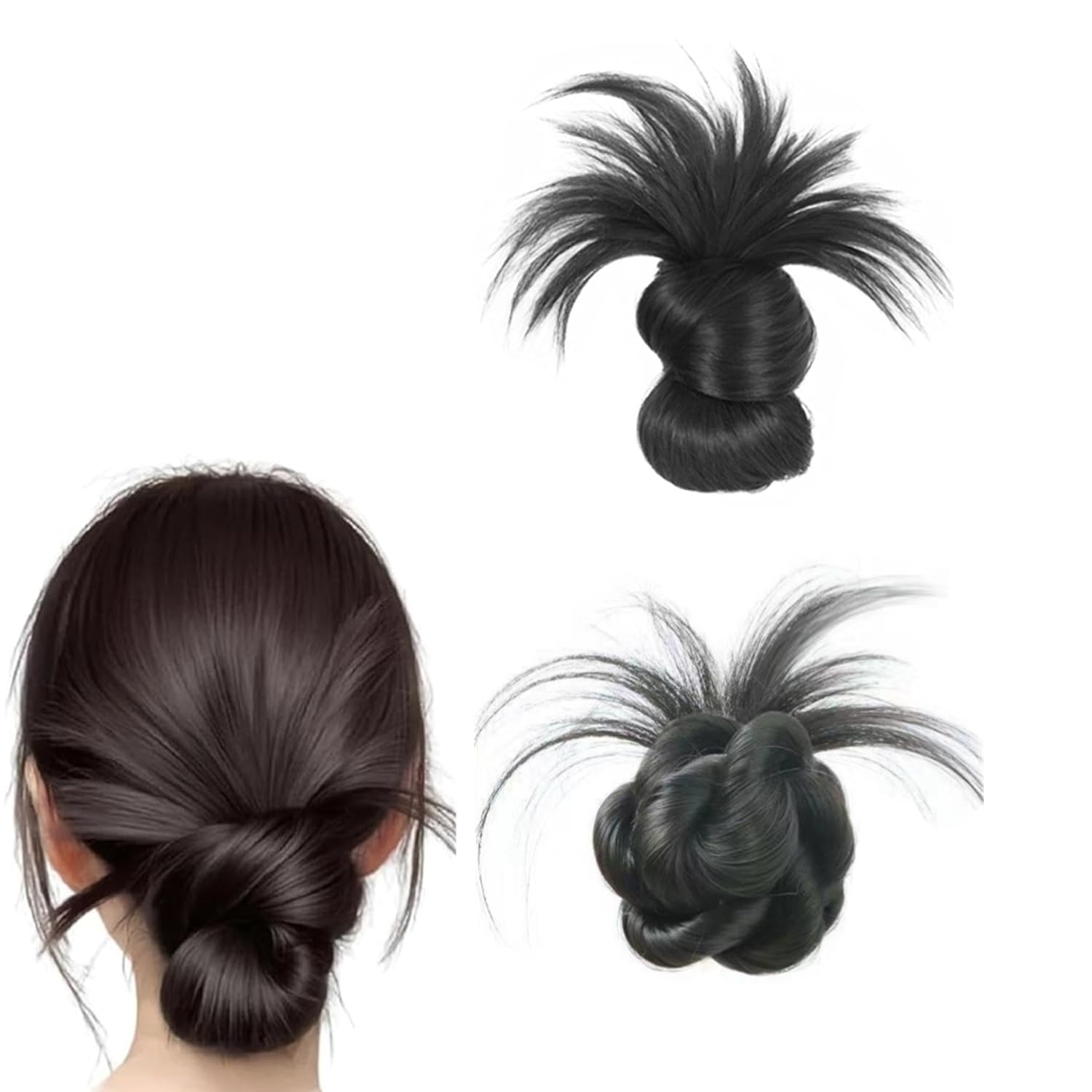 FIJROP Clip On Feathered Bun Wig,Clip on Hair Extensions,Fake Hair Bun Hair Pieces for Women (Black)