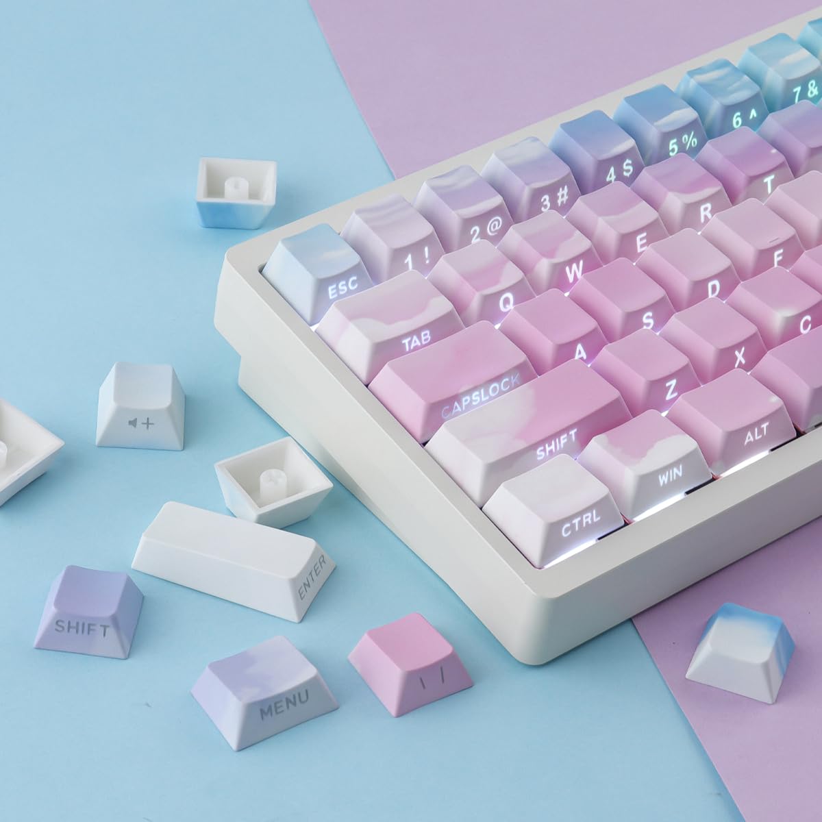 Nasadki klawiszy PBT - zestaw nasadek na klawisze gradientowe niebo, 133 klawisze Double Shot Shine Through Keycaps, profil wiśni, minimalistyczny styl, niestandardowa nasadka klawiszy do klawiatur