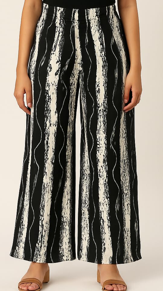 Image of PI World Printed Striped Western Mid Rise Palazzo /Trouser /Pant for Women /Girls Combo 2 (Waist 28 Inches to 36 Inches)