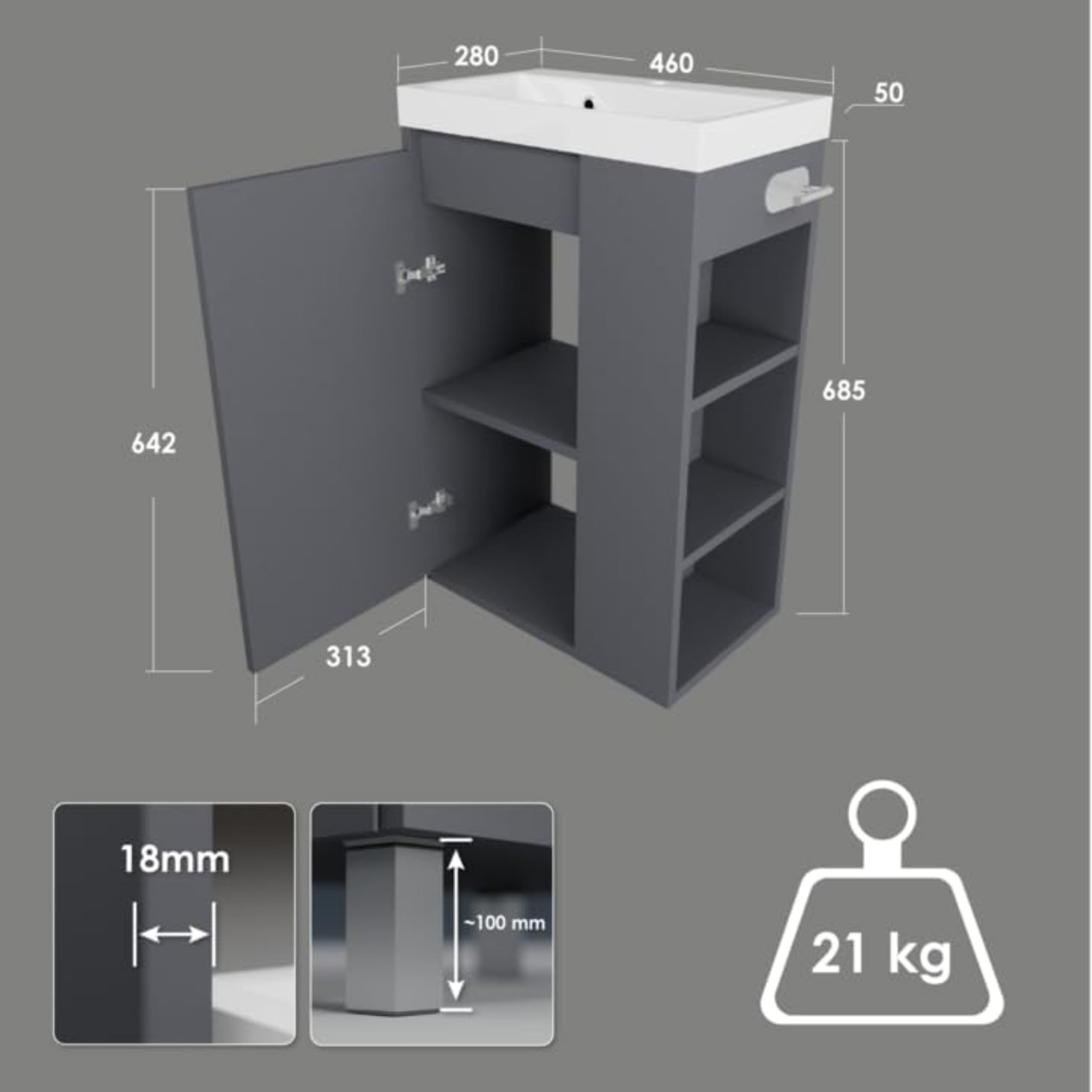Vasque avec Meuble sous Lavabo SEVA, 46 cm de Largeur, Meuble Lavabo sur Pied ou Suspendu, Ensemble de Meubles de Salle de Bain, avec Porte-Papier Toilette - Anthracite