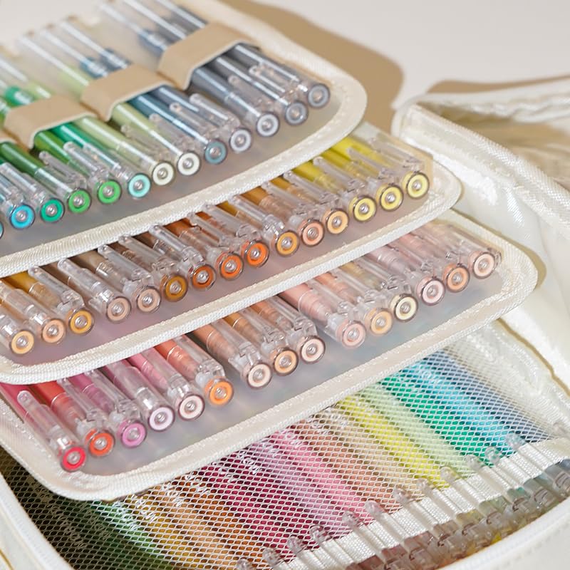 Image of Portable Pencil Case, Hold 108 Pencils Gel Pens Case Organizer with 3 Detachable Layers, Waterproof Pen Pouch Bag for Travel, Office, Off White(Excluding Pen)