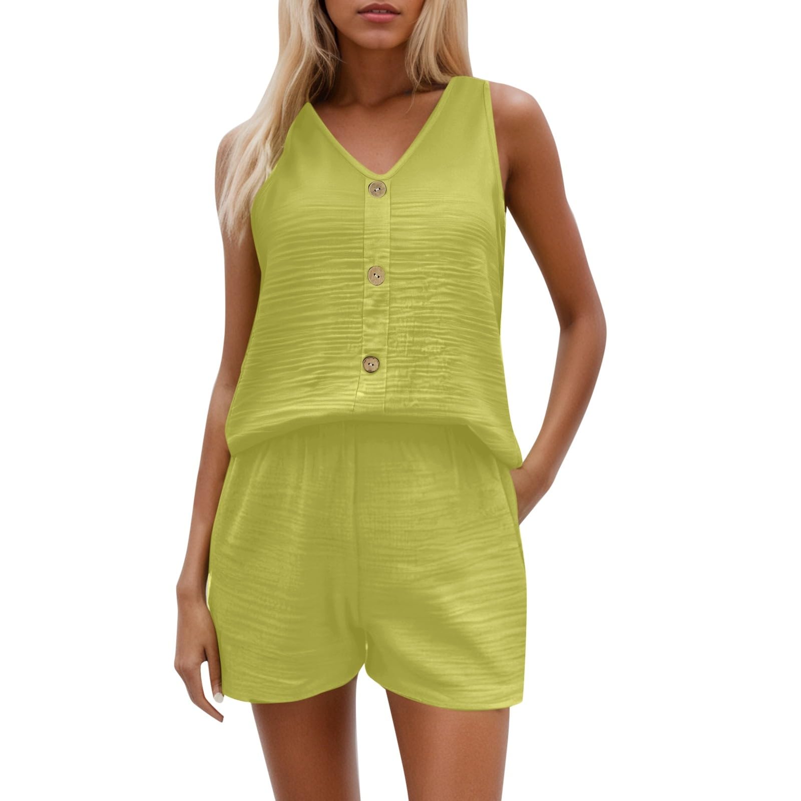 Generisch Two-Piece Women's Summer Sleeveless V-Neck Top with Button Placket and Shorts Plain Loose Cut Casual Leisure Outfit Holiday Lightweight Leisure Suit Short Suit Two Piece, yellow, L