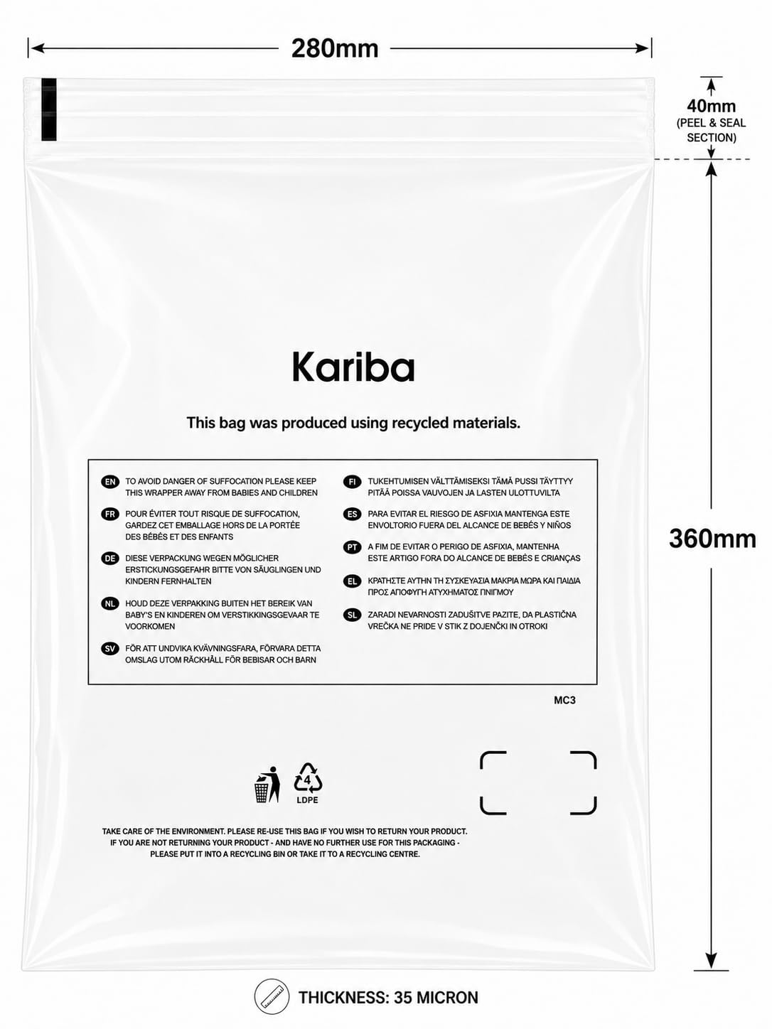 Przezroczyste woreczki z polietylenu (PE), wymiary 315 x 460 mm, 140 g, 35 mikronów, z ostrzeżeniem przed zadławieniem, dostępne w opakowaniach po 100 i 1000 sztuk (100 sztuk)
