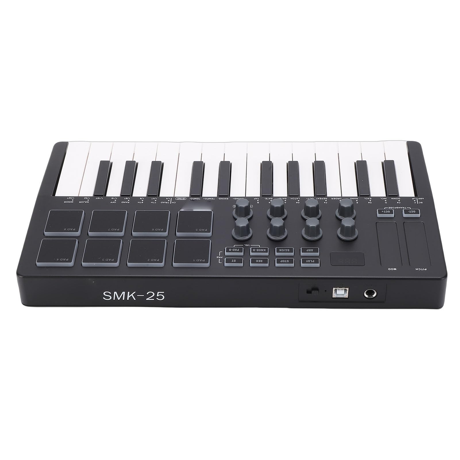 Teclado MIDI, Controlador MIDI Portátil con 25 Teclas, 8 Pads Retroiluminados RGB y 8 Perillas para Grabación en Computadora Producción Musical Piano Eléctrico (Negro)