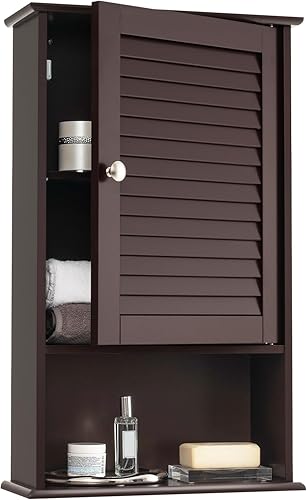 Tangkula Botiquín de medicina, armario de baño montado en la pared, gabinete de pared de baño de madera de una sola puerta con estante ajustable