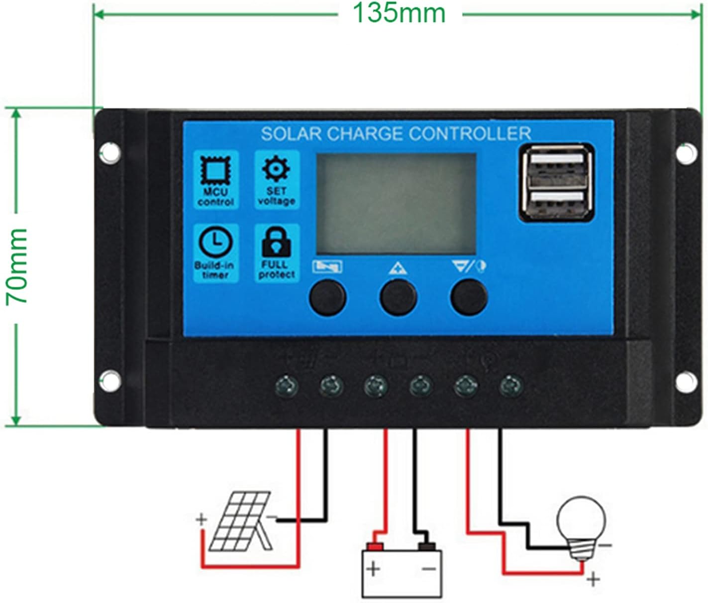 Front and back view of the Suuonee 50A PWM Solar Charge Controller