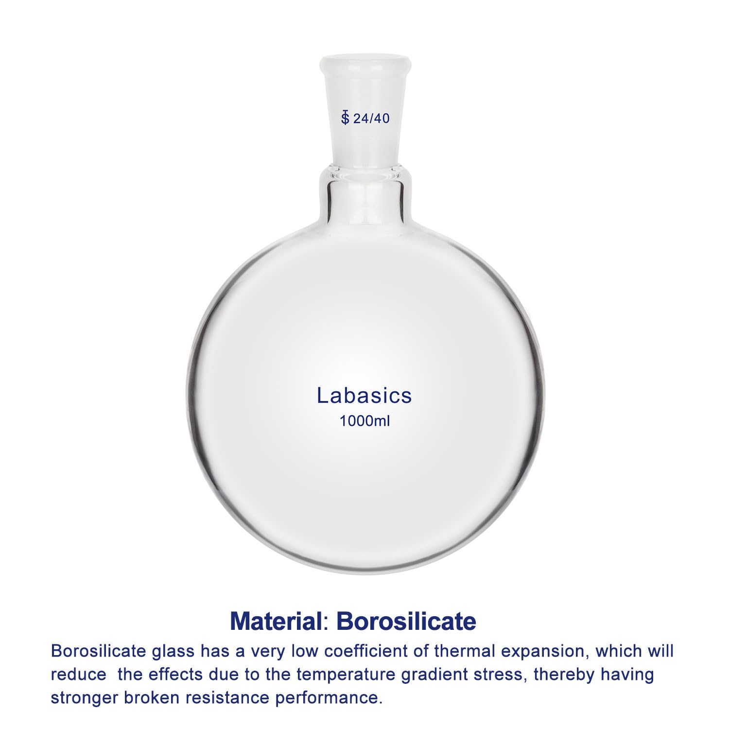 Labasics Glas-Rundkolben, Borosilikatglas, Dickwandiger Kurzhals-Rundkolben Einhals mit Einem 24/40 Normschliff-Außenkern, 1000 ml