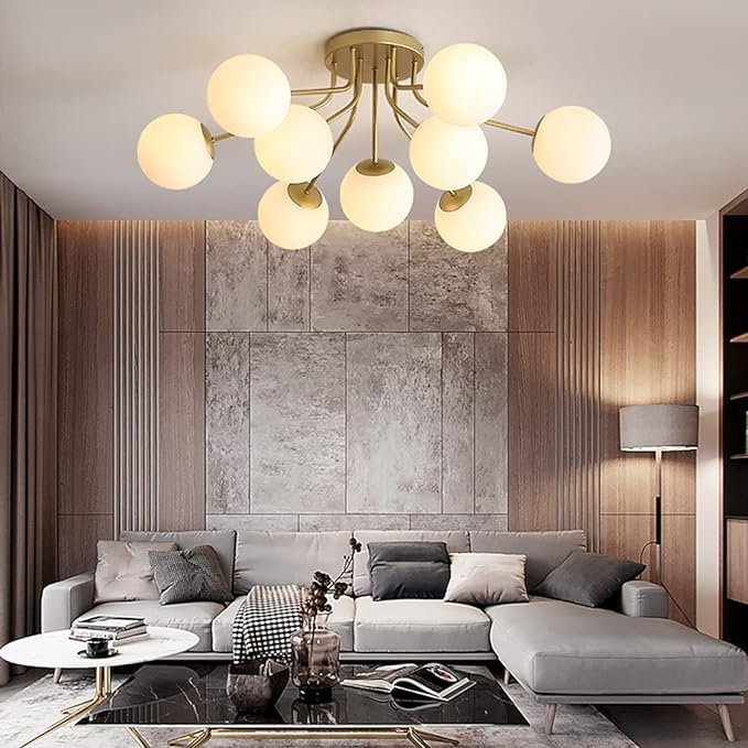Image of Prop It Up Modern Globe Chandelier Ceiling Light, 9 Frosted Glass Shades, Black Metal Frame, Semi-Flush Mount, Without Bulb