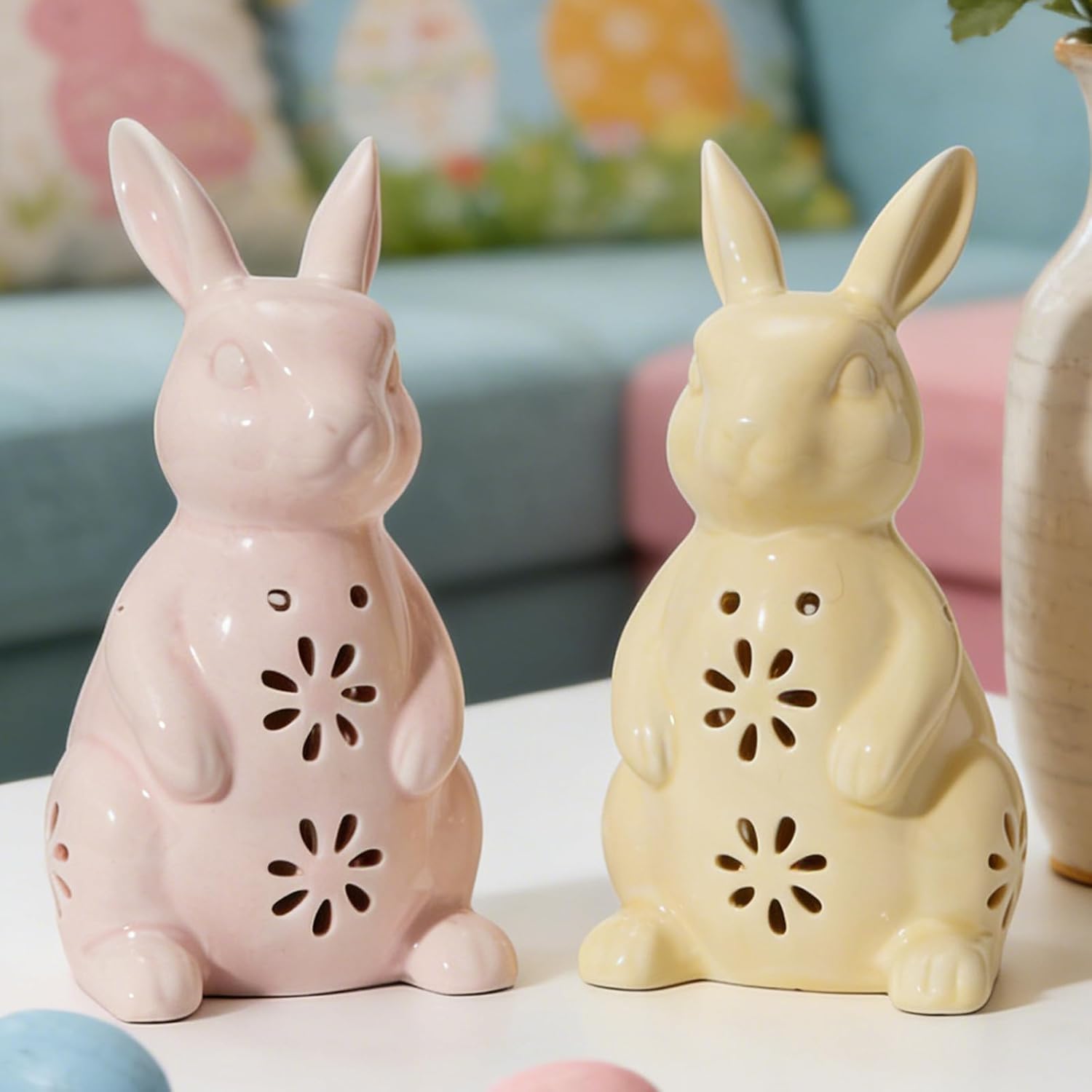 WDS WONDROUS Easter Decorations Light Up Bunny Figurines - 2PCS LED Ceramic Rabbit Statues Decor with Floral Cut-Outs, Glowing Easter Spring Home Decor for Farmhouse Tabletop Shelf Sculpture - Image 9