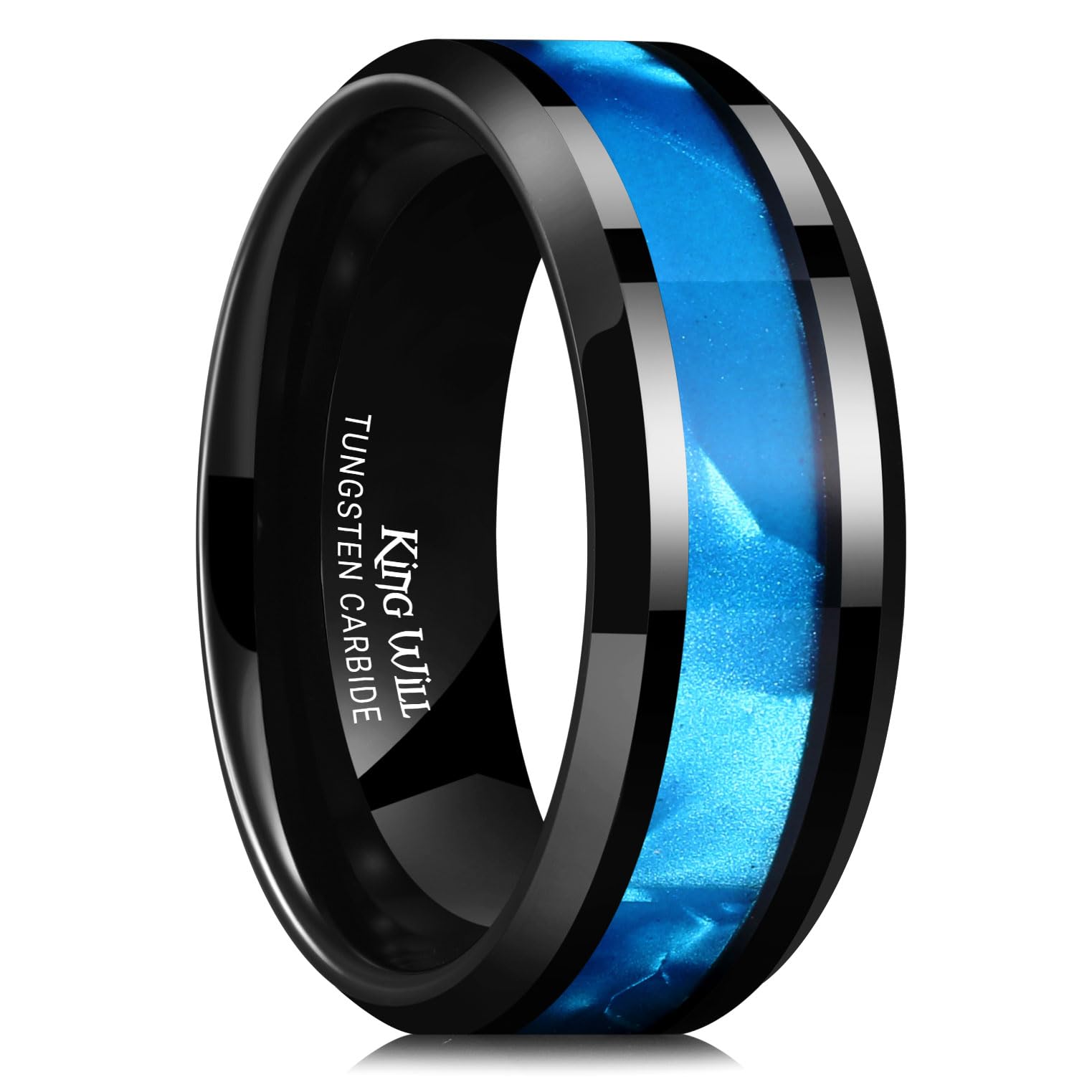 King Will Tungsten Carbide Wedding Band for Men - 8mm Black High Polished Inlay Green/Black Olive Shell Texture Patterns for Everyday Wear Comfort Fit