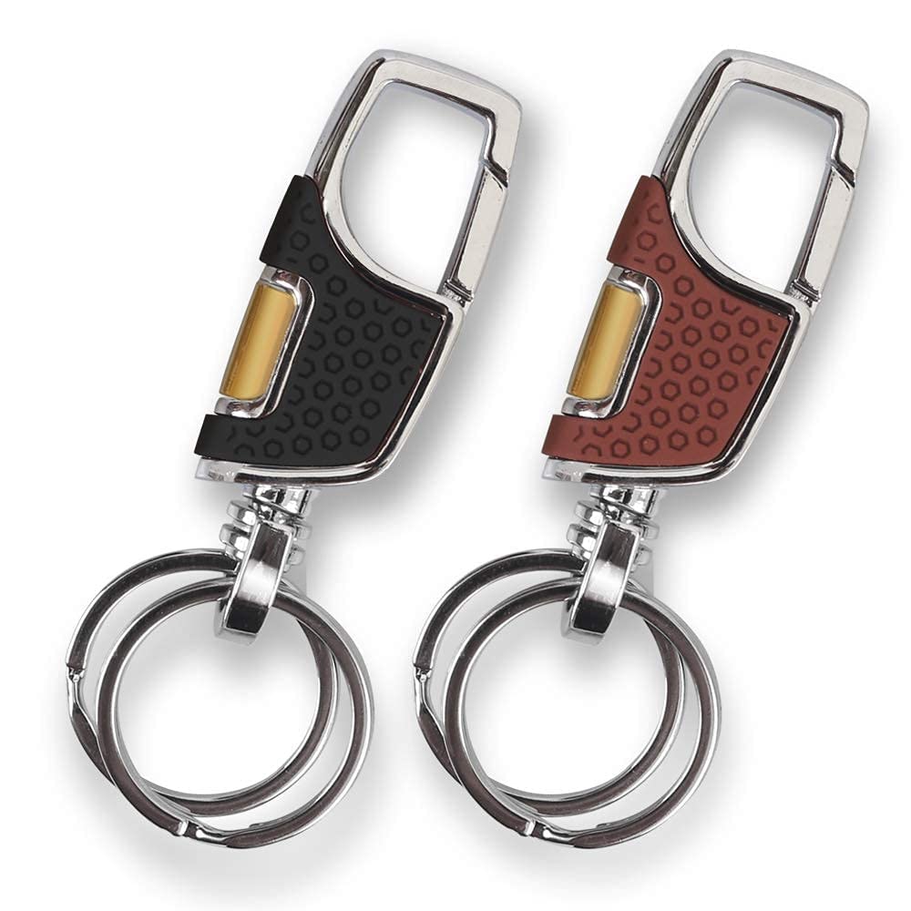 2 Pack Key Chain, Heavy Duty Car Keychain with 2 Metal Key Rings Carabiner Keychians-Black and Brown