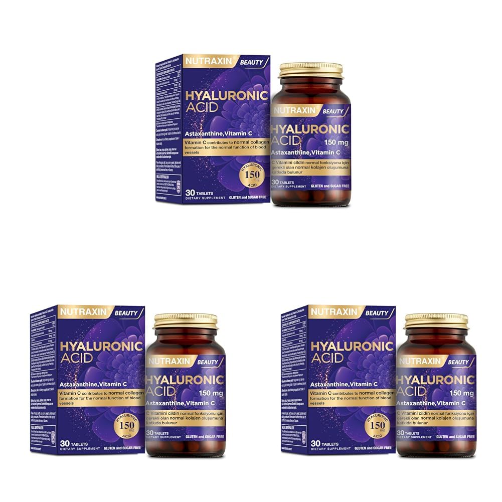 Nutraxin Hyaluronic Acid – Hyalüronik Asit, C Vitamini ve Astaksantin İçeren Tablet – 30 Tablet – Alerjen İçermez (3 paketi)