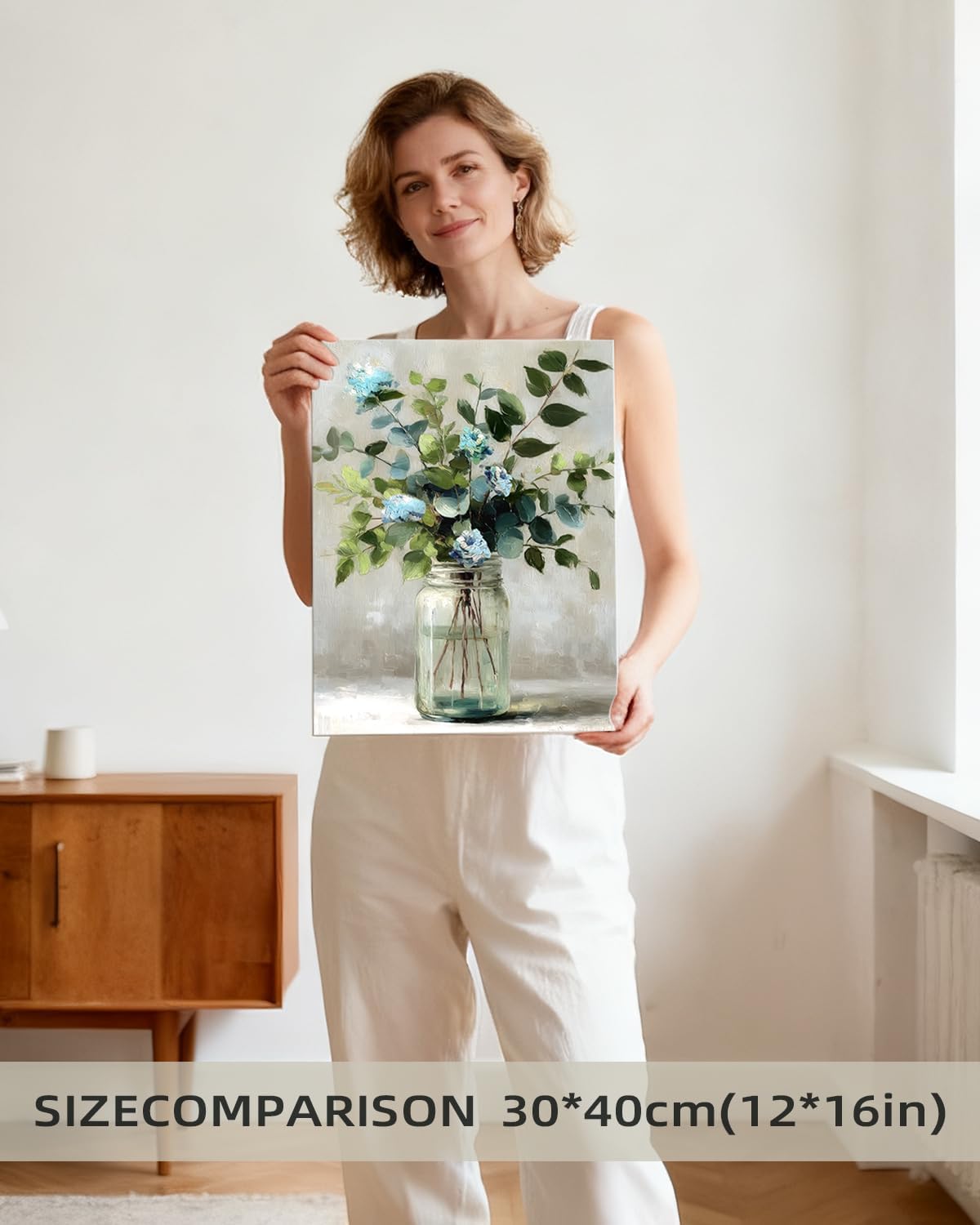 Azartslr Blue Flower With Green Leaves Canvas Wall Art, Farmhouse Rustic Floral Art Prints For Living Room, Vintage Bathroom Painting Poster, Plants Picture Kitchen Bedroom Decoration - Image 5