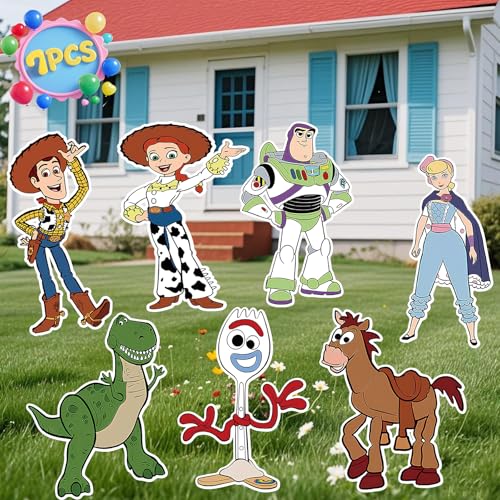 Toy Inspired Story Themed Happy Birthday Yard Signs 7PCS Birthday Party Supplies Set with Stakes Outdoor Lawn Party Decor for Unforgettable Celebrations Outdoor Yard Decorations Garden Party