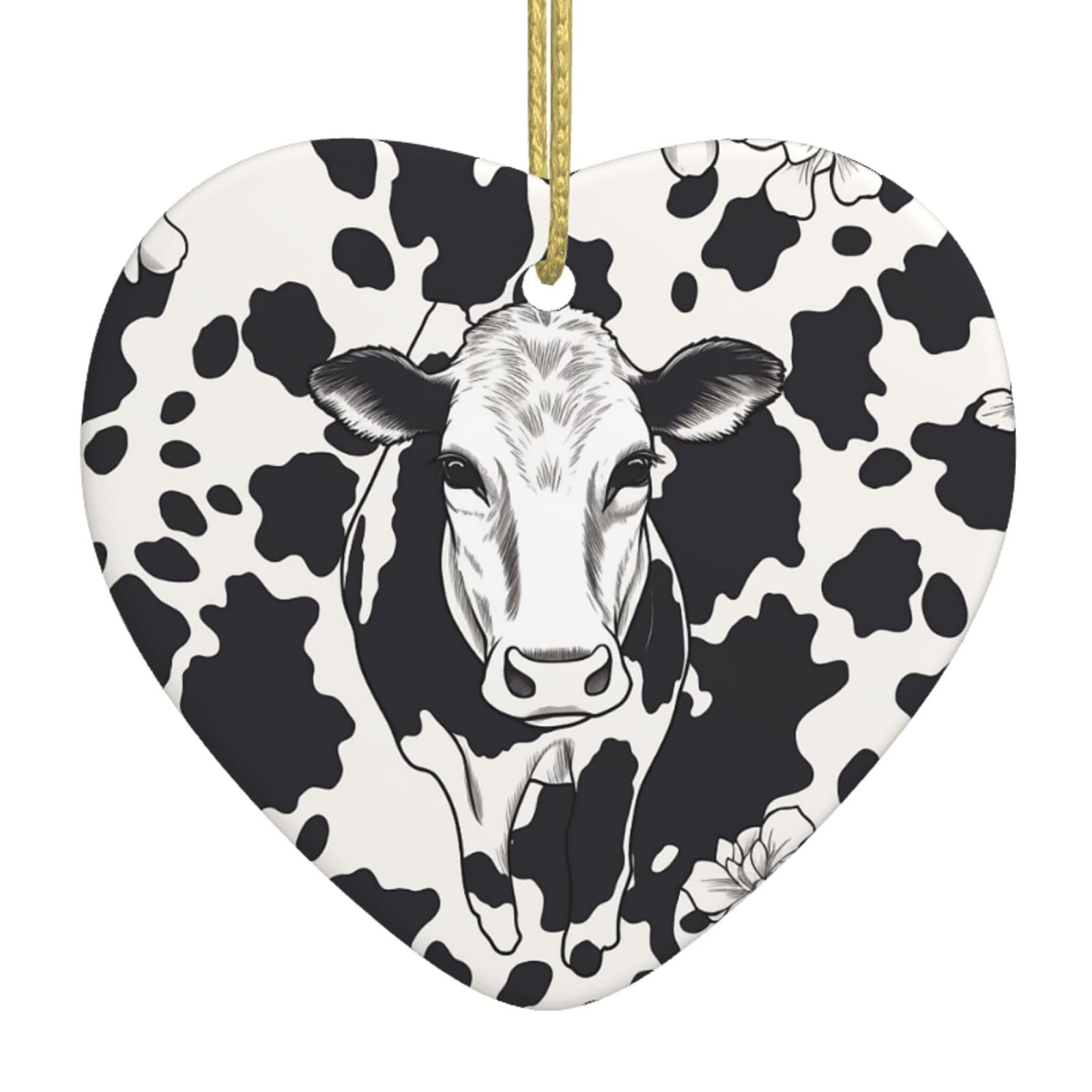 Ceramic Christmas Tree Hanging Ornaments with Gold Ropes Christmas Tree Decorations Heart Ceramic Black and White Cow Pendant Keepsake Decorations for Holiday Xmas Gift Ideas