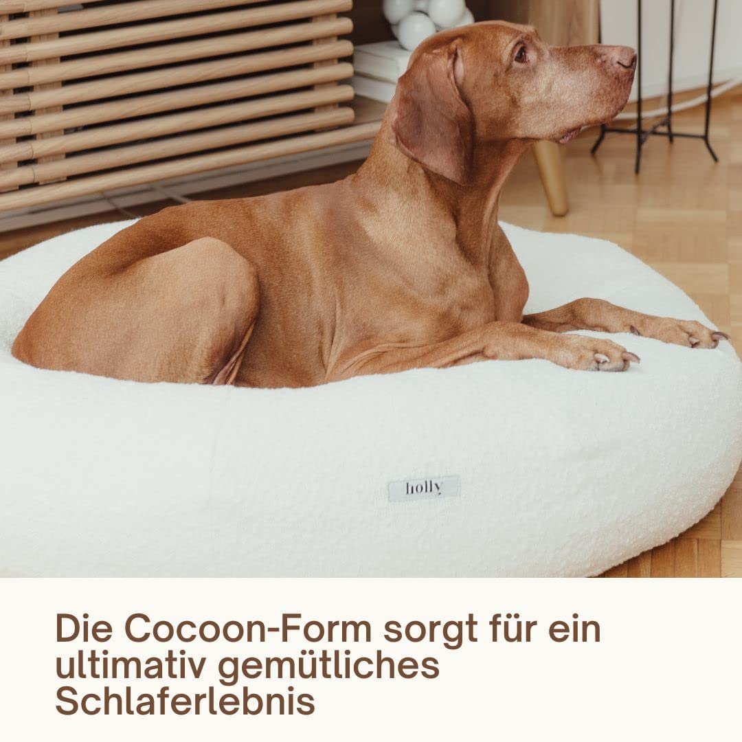 Holly Hundebett - Kratzfest, waschbar, langlebig - Luxuriöser Bouclé Stoff - Donut Hundebett in Cocoon Design - Ideale Unterstützung für Hals & Wirbelsäule - Hochwertiges Interior (S/M, Creme)