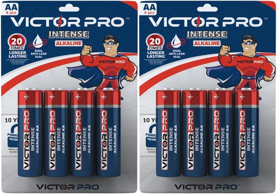 VictorPro Intense AA Alkaline Battery 8 Pcs - 20 Months in Remote - Long Lasting -10 Year Power Lock Technology - for Toys, Flashlights, Keyboards, Mouse and More