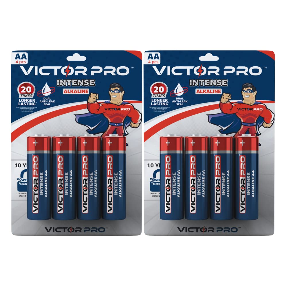 VictorPro Intense AA Alkaline Battery 8 Pcs - 20 Months in Remote - Long Lasting -10 Year Power Lock Technology - for Toys, Flashlights, Keyboards, Mouse and More