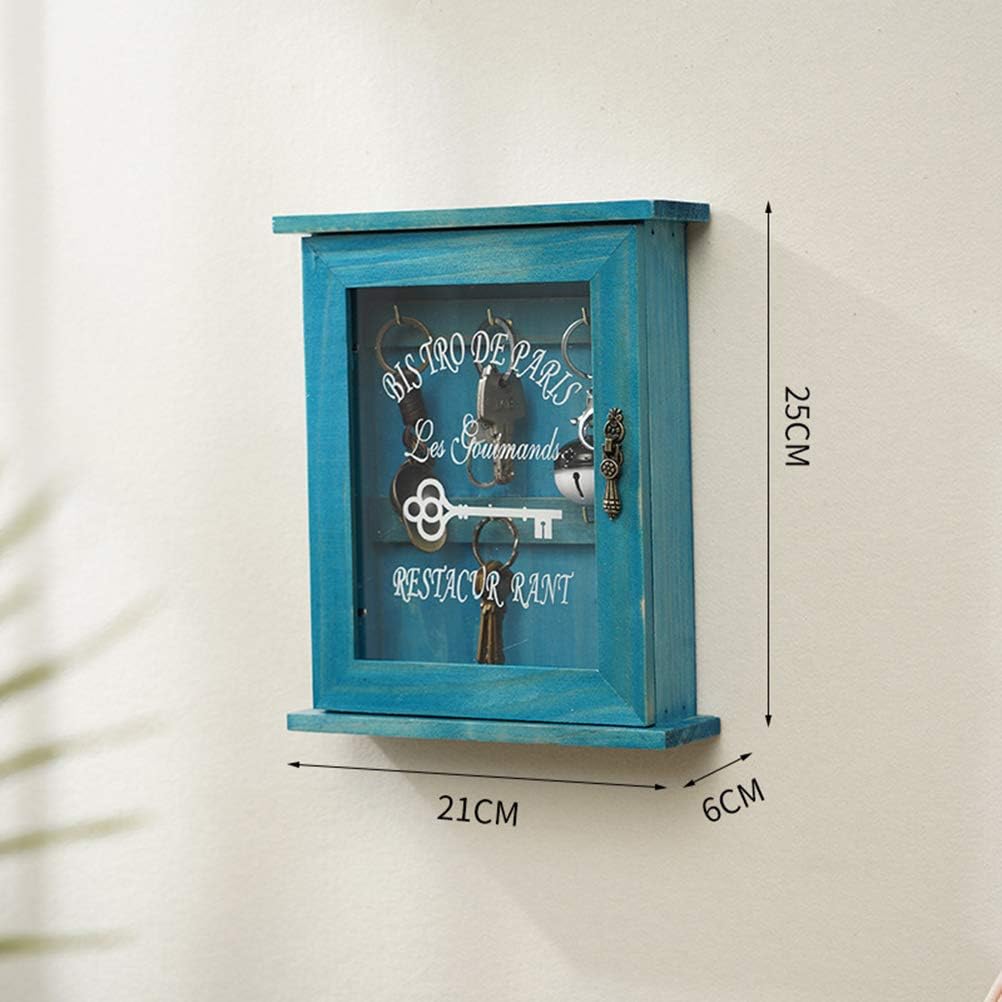 Retro Wall Key Box Floating Decorative Key Cabinet Shelf Wall Mount with Key Hooks and Key Holder (Blue)