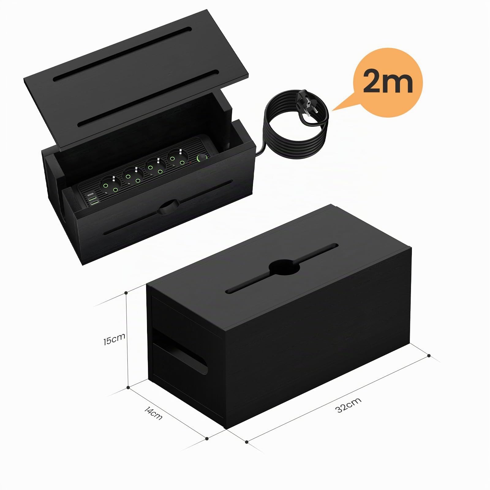Scatola per cavi in legno con ciabatta multipresa, stazione di ricarica organizer con 8 prese, 4 USB e 1 ricarica rapida di tipo C, protezione da sovratensione con cavo di prolunga da 200 cm, per