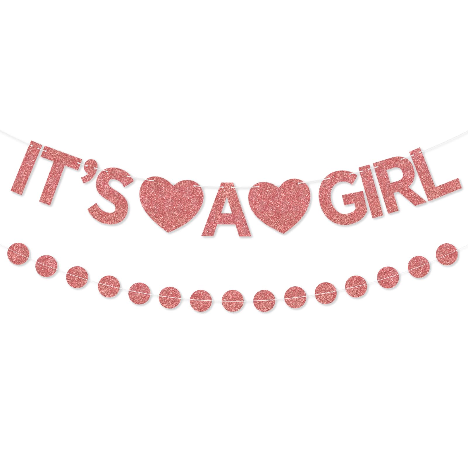 BLMHTWO Pre-Strung It's a Girl Glitter Banner, Pink Rose Gold Baby Shower Gender Reveal Decorations Banner with Circle Dot Garland He or She Party Decor Sign Supplies for Pregnancy Welcome Baby Girl