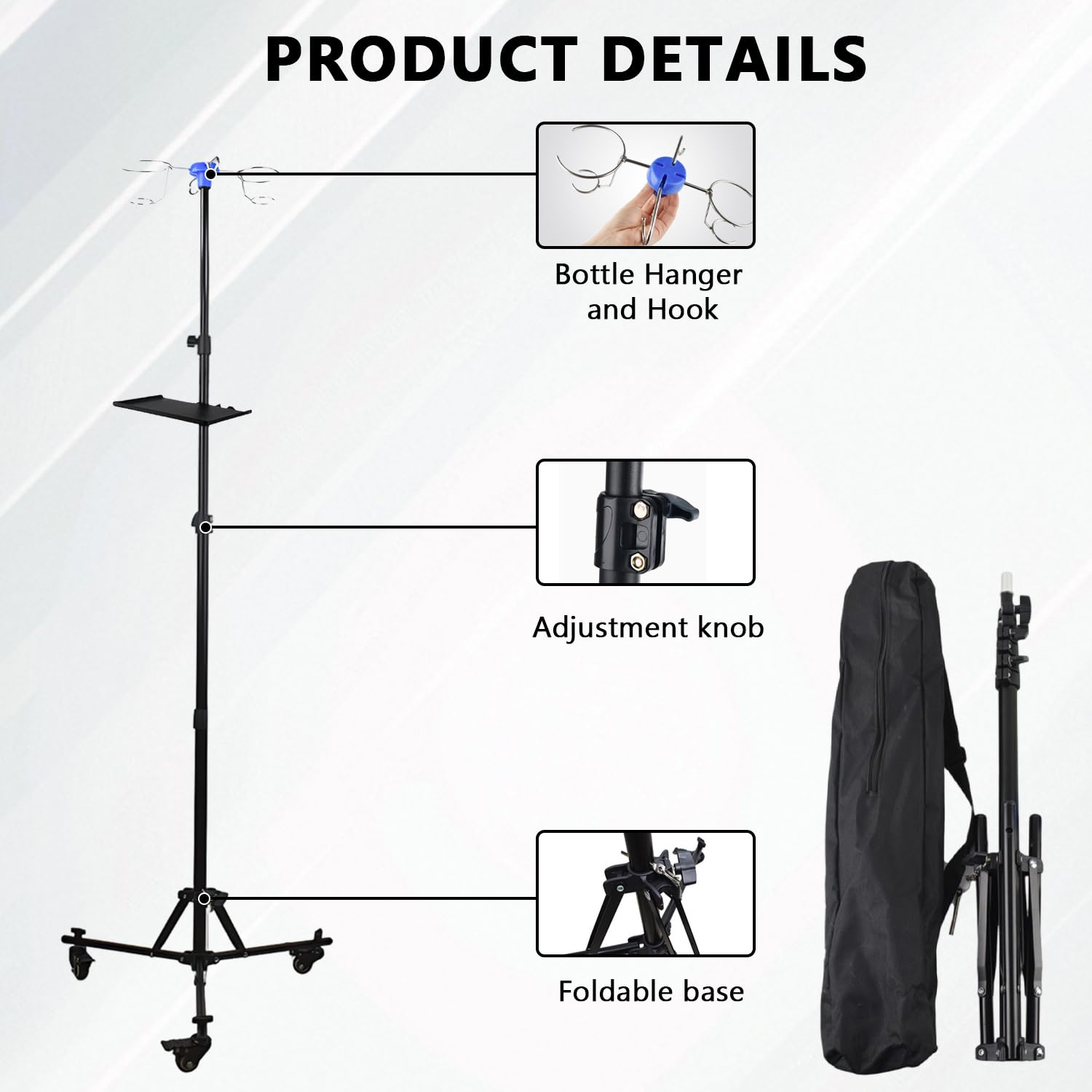Soporte de infusión con ruedas, plegable, con soporte de acero inoxidable, gancho y paleta, soporte de infusión de acero inoxidable, altura ajustable de 90 a 190 cm