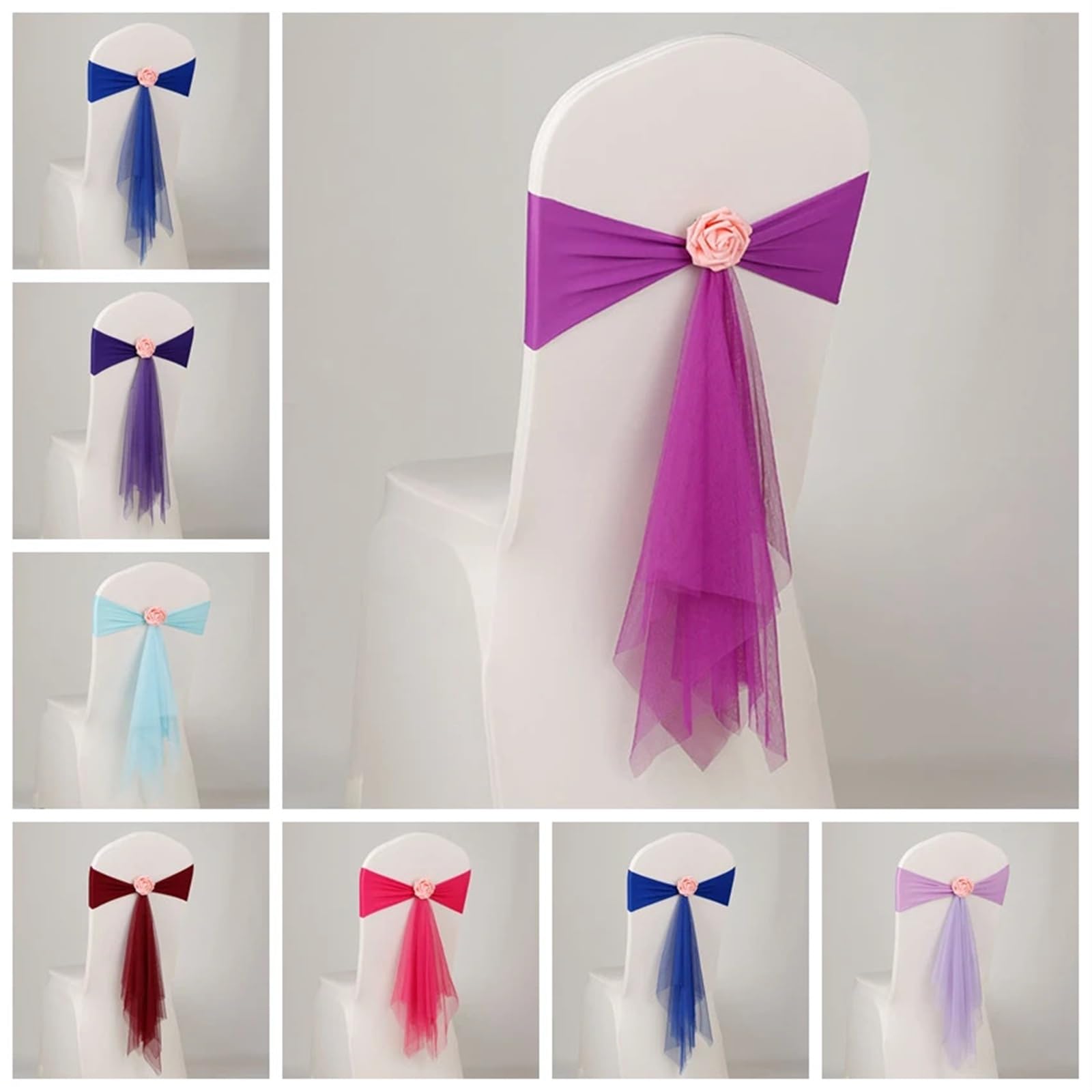 Fascia for sedia in organza elasticizzata con decorazione di nozze con sfera di rosa Fiore artificiale in spandex adatto a tutti gli spettacoli di feste di compleanno per matrimoni(ROYAL BLUE,50pcs)
