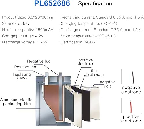 Miniatura 4 de 3.7V 1500mAh Batería 652686 Li-ion Li-ion recargable Li-ion Li-Po Batería con 2P PH 0.079 in Pitch Connector