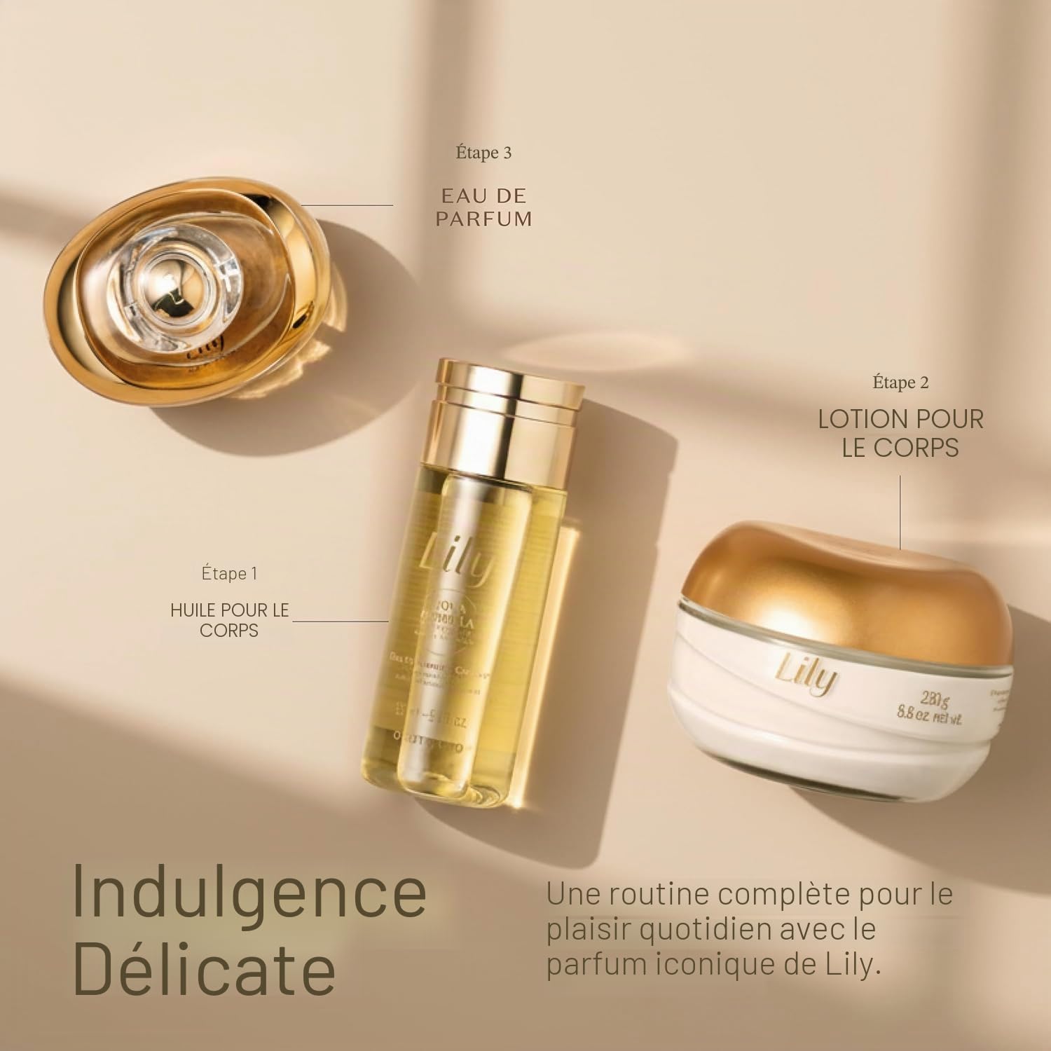 O Boticário Lily Set cadeau, parfum et soins de la peau avec 3 produits, crème hydratante pour le corps 250 g, huile de corps parfumée 150 ml et Eau de Parfum EDP 75 ml