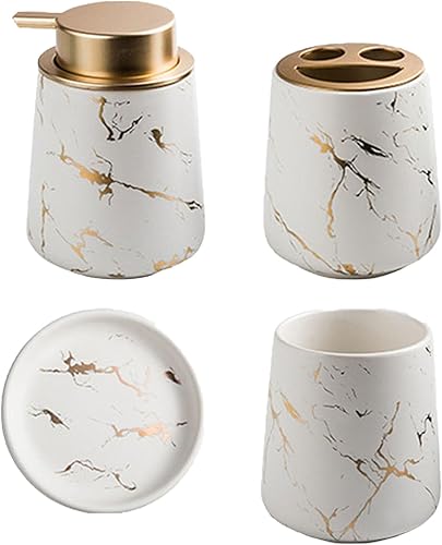 YYW Juego de accesorios de baño de cerámica, 4 unidades de dispensador de jabón de espuma líquida recargable de mármol, con dispensador de loción,