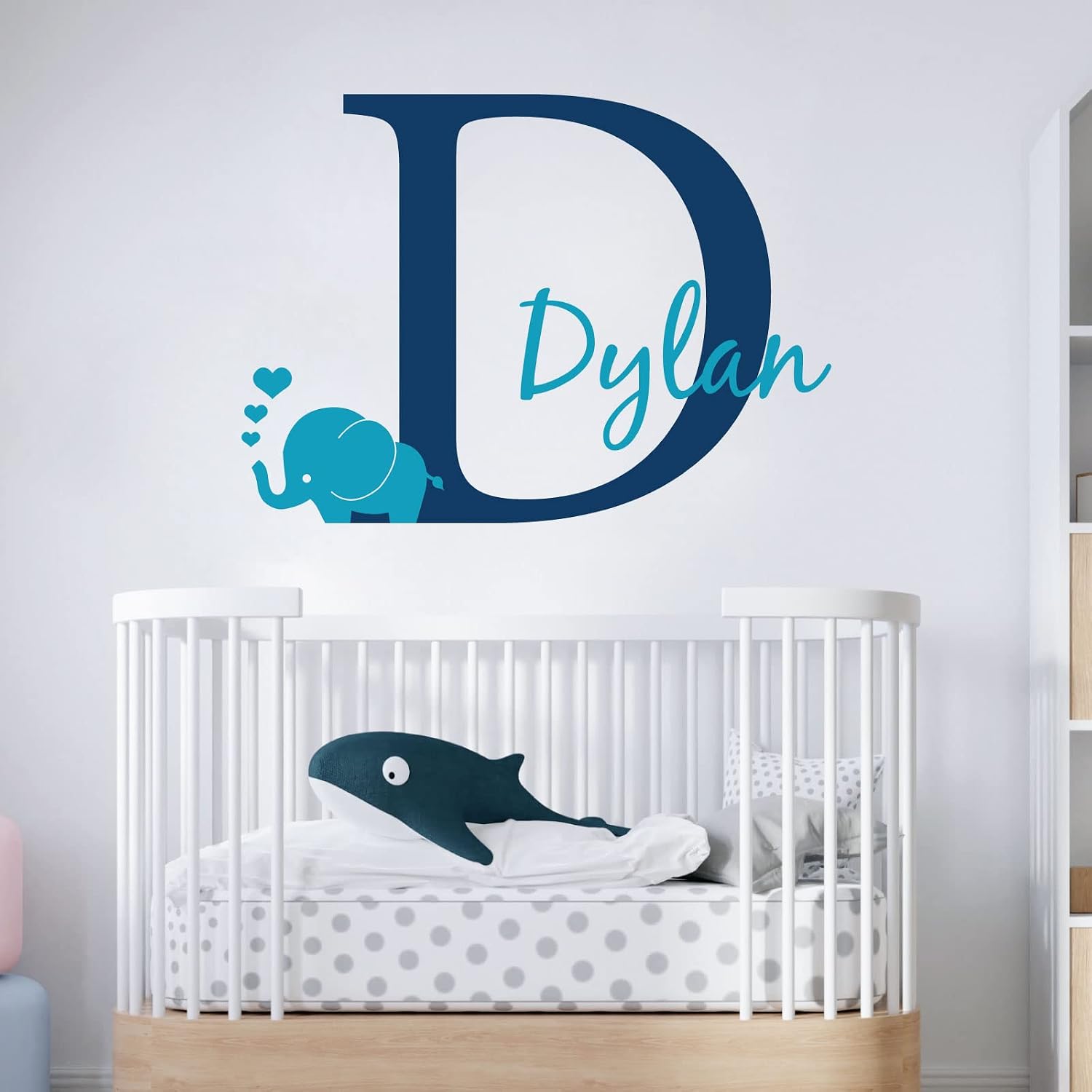 Personalised Baby Girl Boy Name with Initial Letter and Elephant Hearts - 2 Colours Initial Letter Height: Large (570mm) Initial Letter and Hearts - Ultramarine