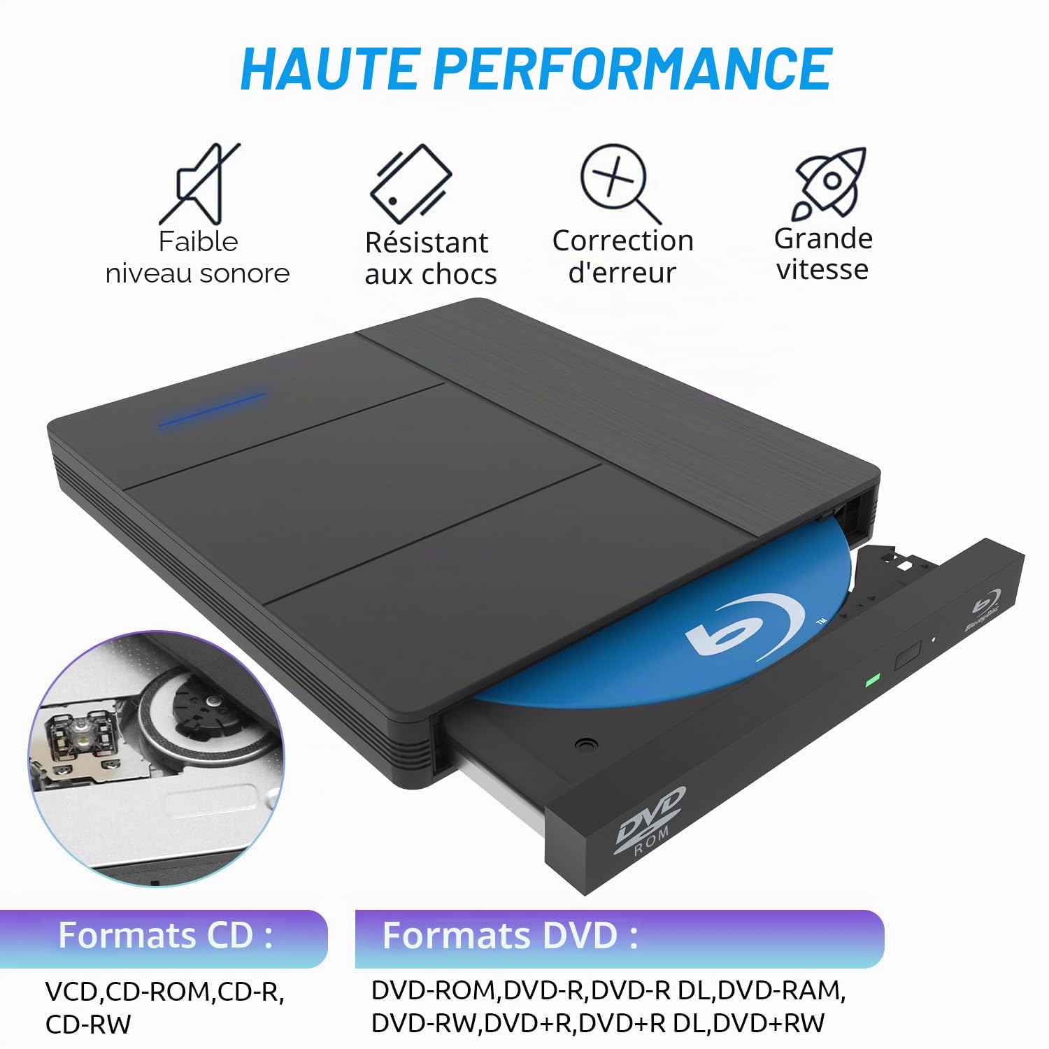 7 en1 Lecteur Blu-Ray Externe - Lecteur Graveur Blu Ray avec USB 3.0 Type-C, DVD/BD Portable Externe Lecteur Blu Ray Externe, Graveur Optical Bluray Drive pour PC Windows 1110 8 7 XP