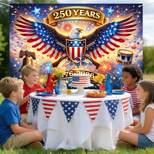 Image of IVN 250th Anniversary Banner 71 x 43 Inch 1776-2026 Patriotic Bald Eagle Stars Stripes Fireworks Photo Booth Backdrop Independence Day Party Decorations Memorial Day Veterans Day Wall Decor