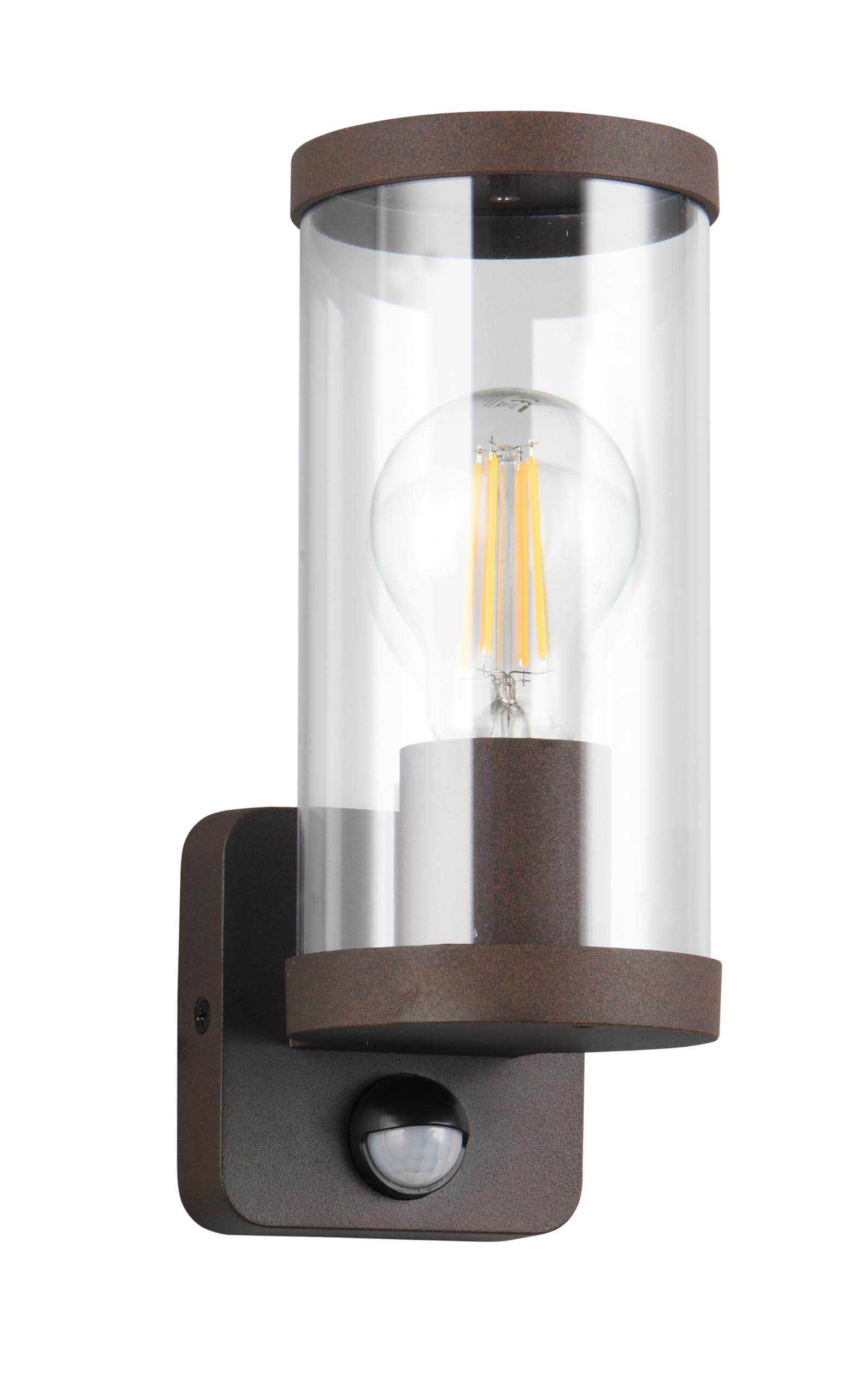 Reality Leuchten Außen Wandleuchte Bonito R21599124, Aluminium Druckguss rostfarbig, Schirm Kunststoff klar, exkl. 1x E27, Bewegungsmelder