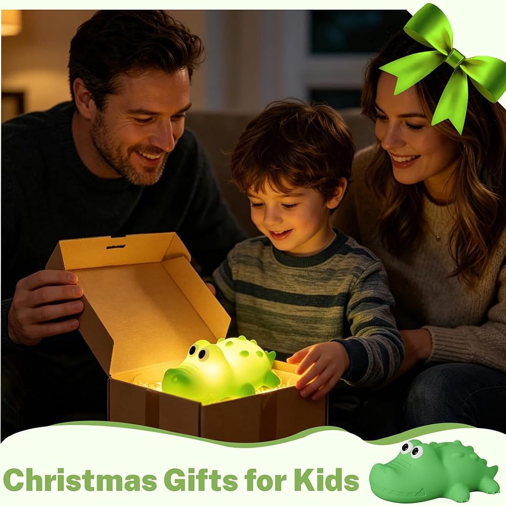 Luz Noche LED para Niños Luz Noche de Cocodrilo para Bebés 3000 K, Iluminación Cálida y Modo RGB Lámpara Infantil de Silicona Suave con Temporizador de 30 Minutos Aplique sin Conexión,Verde