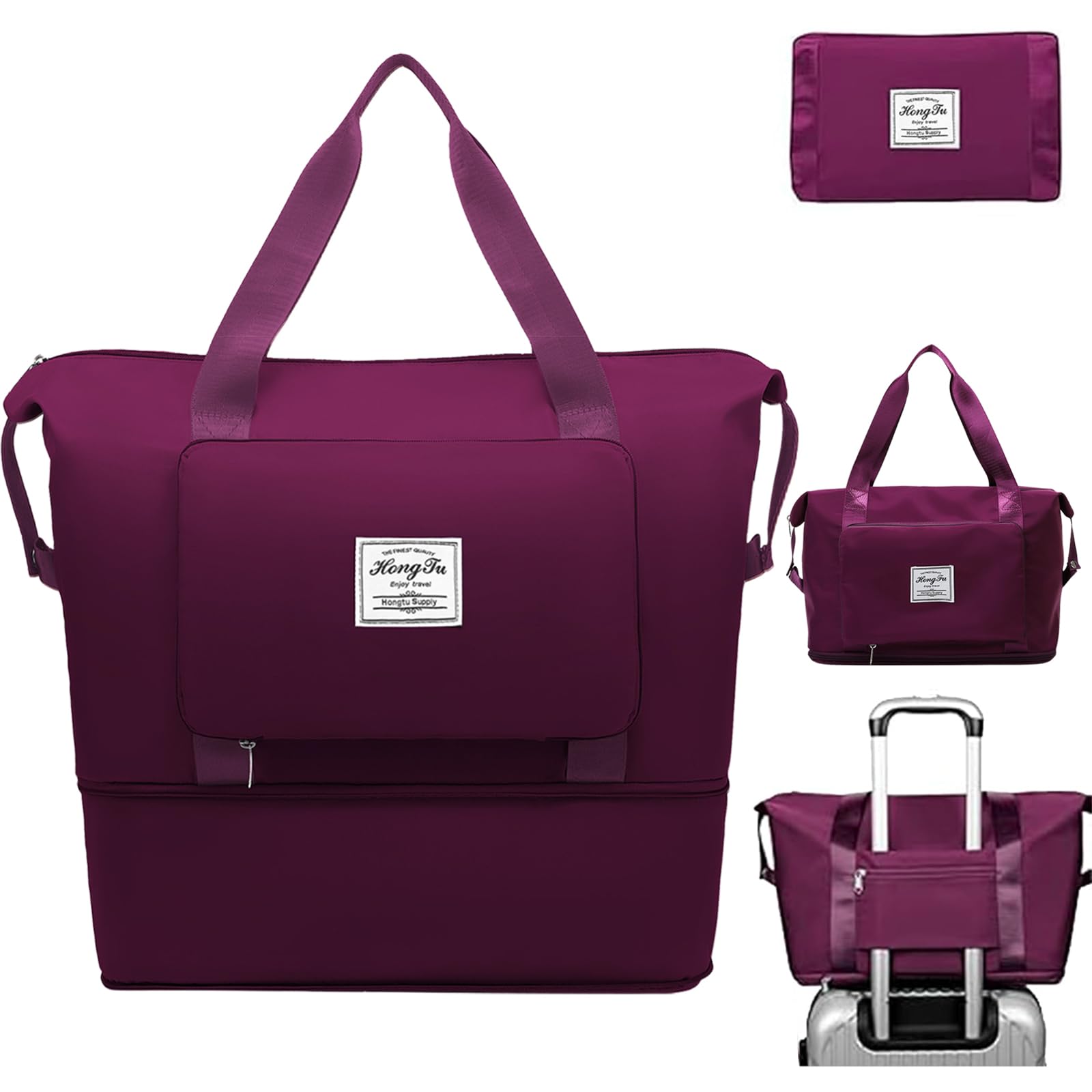 INVODA Travel Bag for Women Expandable Weekender Overnight Bag Carry on Sports Tote Gym Bag Waterproof Foldable Duffel Bag (Fuchsia)