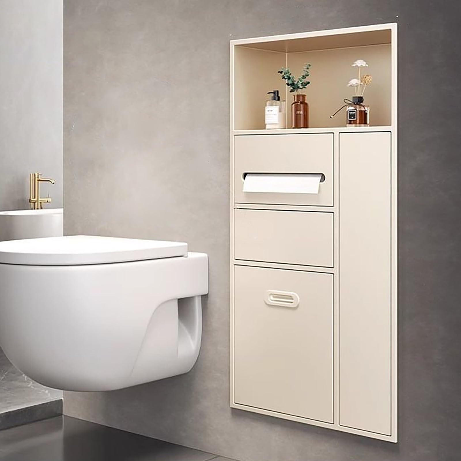 Portarrollos Papel Higiénico Empotrable con Papelera, Hornacina de Baño en Acero Inoxidable 304, Estante de Pared con Armario Oculto para Reformas(Wit)