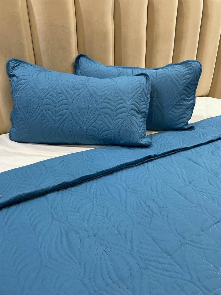 Furnistitchs Cotton Feel Solid Plain Ultrasonic Bedcover Bedsheet Quilt Bedspread with 2 King Size Pillow Covers 90 x 100 inches / 228 x 248 cms - Quilted Bed Cover King Size (Azure Blue)-image-15