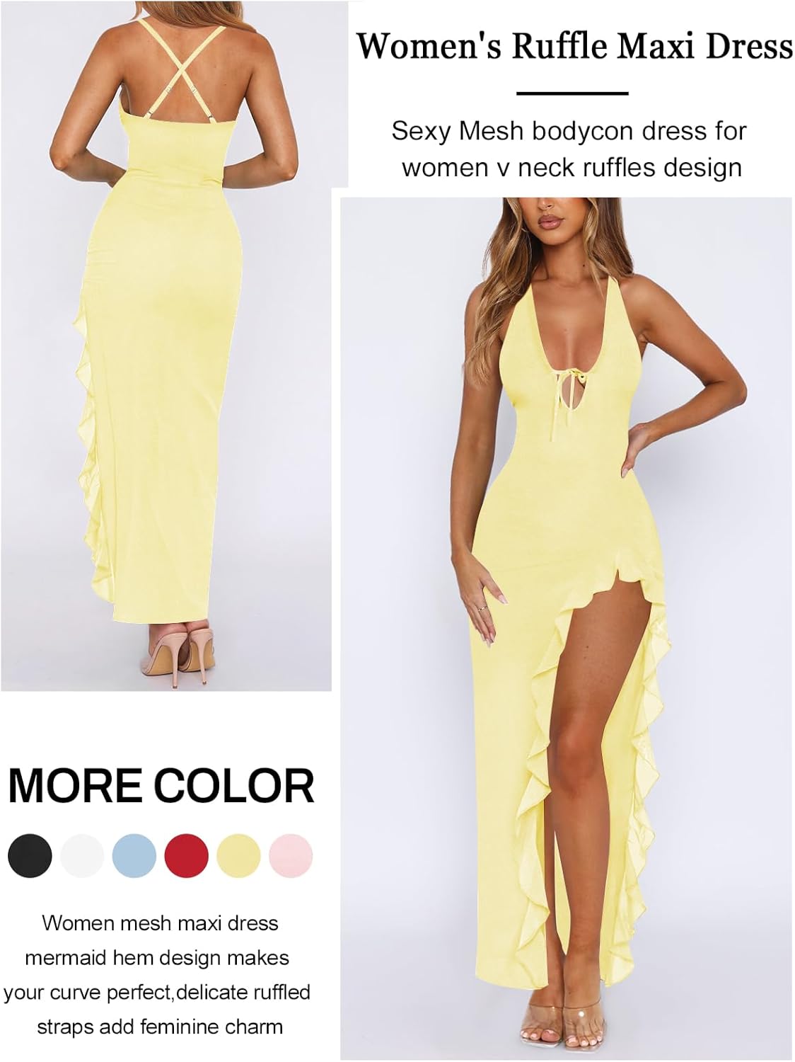 Women's Sexy Wedding Guest Dress Mesh Halter High Slit Ruffle Maxi Dress Formal Cocktail Dresses for Women - Image 3