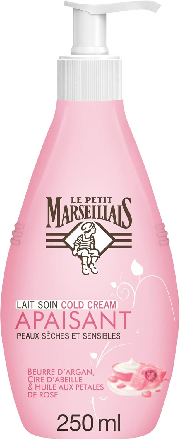 Le Petit Marseillais | Lait Soin Cold Cream Apaisant Peaux Sèches et Sensibles (flacon-pompe de 250 ml) – Lait corps au beurre d’argan, cire d’abeille & huile aux pétales de rose – 48 h de confort