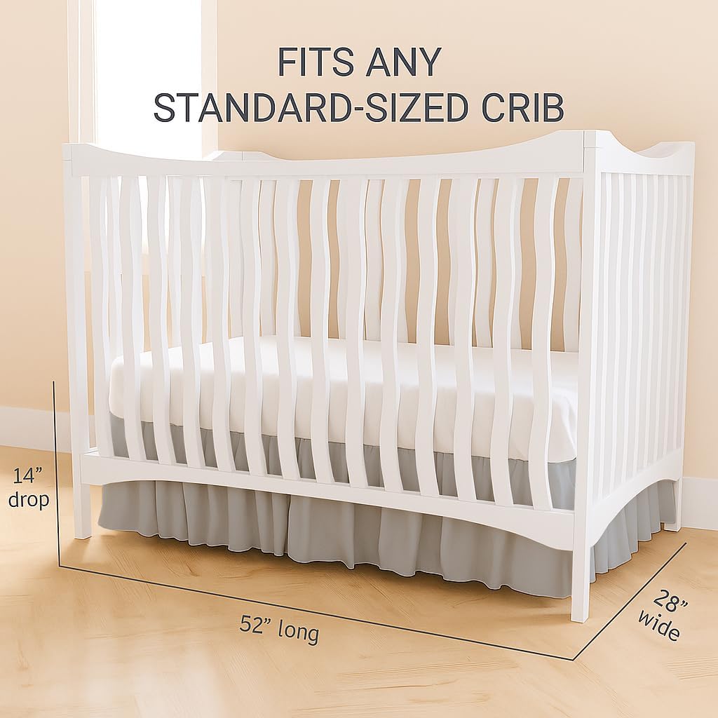 Crib Bed Skirt Dust Ruffle with Split Corners - 100% Cotton - Nursury Standard Crib Bedding Toddler Bedskirt for Baby Boys or Baby Girls - 14" Drop - Light Grey Crib Skirt