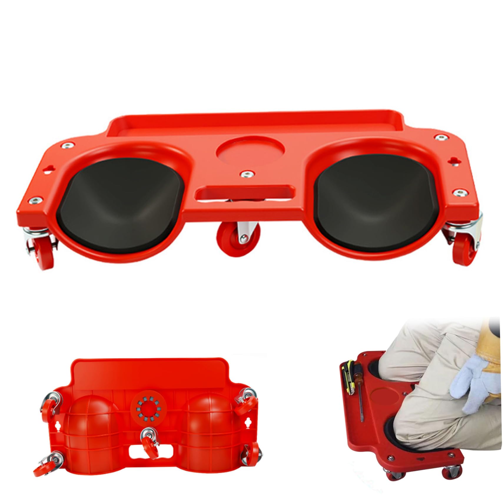 Monwssoe Red Cushions, Rolling Knee Pads, Heavy Duty Knee Cart With Swivel Casters For Mechanics, Thick Foam Kneeling Mat For Auto Repair And Home Maintenance, Sturdy Pe Creepers