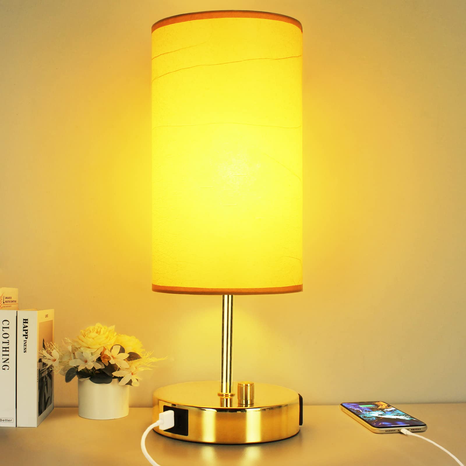 HiBay Fully Dimmable Bedside Table Lamp with USB A+C Charging Ports ...