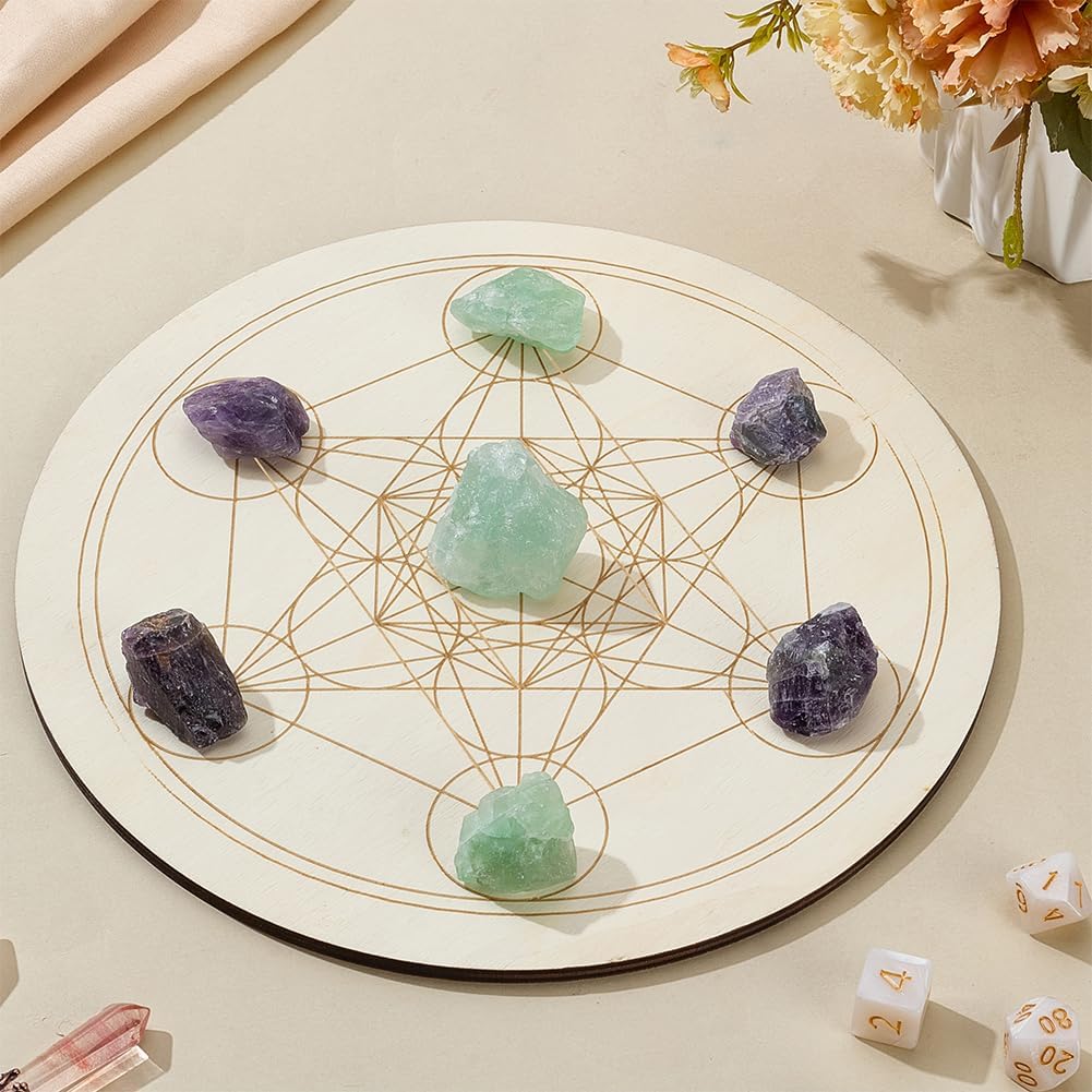 INFUNLY Wooden Crystal Grid Board Metatron's Cube Sacred Geometry Board 9.8 inches Round Chakra Grid Plate Amplify The Power of Your Crystals for Altar Yoga Meditation Witchcraft Decor