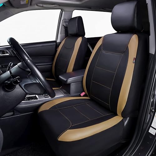 Miniatura 2 de Flying Banner - Fundas de asiento de automóvil para asiento delantero y trasero, piel sintética, a prueba de agua, fibra de carbono (negro beige,