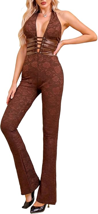 SEMATOMALA Womens Halter Sleeveless Sexy Floral Lace Bodycon Jumpsuit Lace Up Deep V Neck Party Romper Clubwear